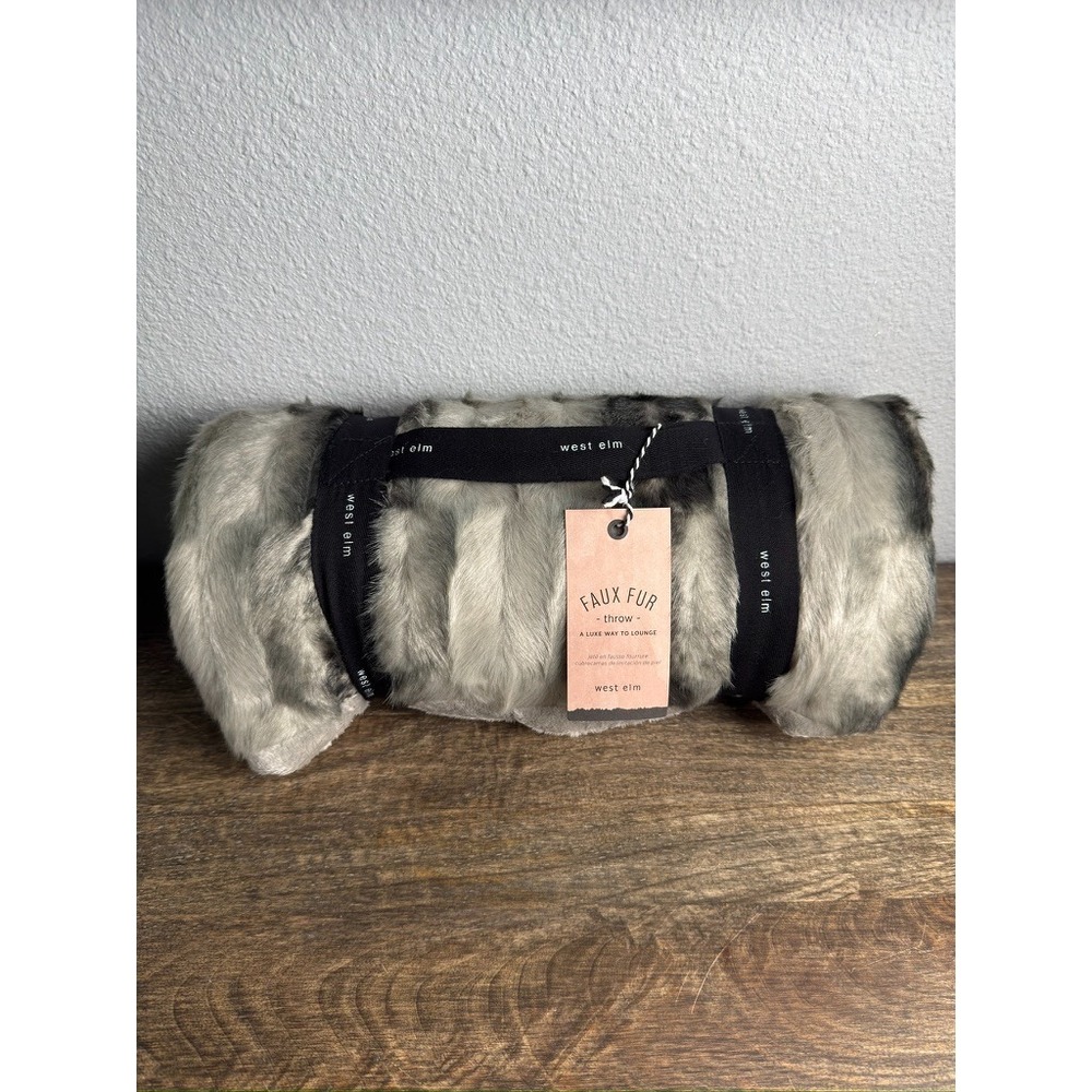 NEW With Tags West Elm Faux Fur Ombre‎ Throw 47" X 60" in Gray Offset Stripe